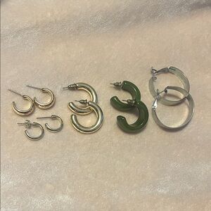 Gold/Silver and Green Hoop Earrings Set